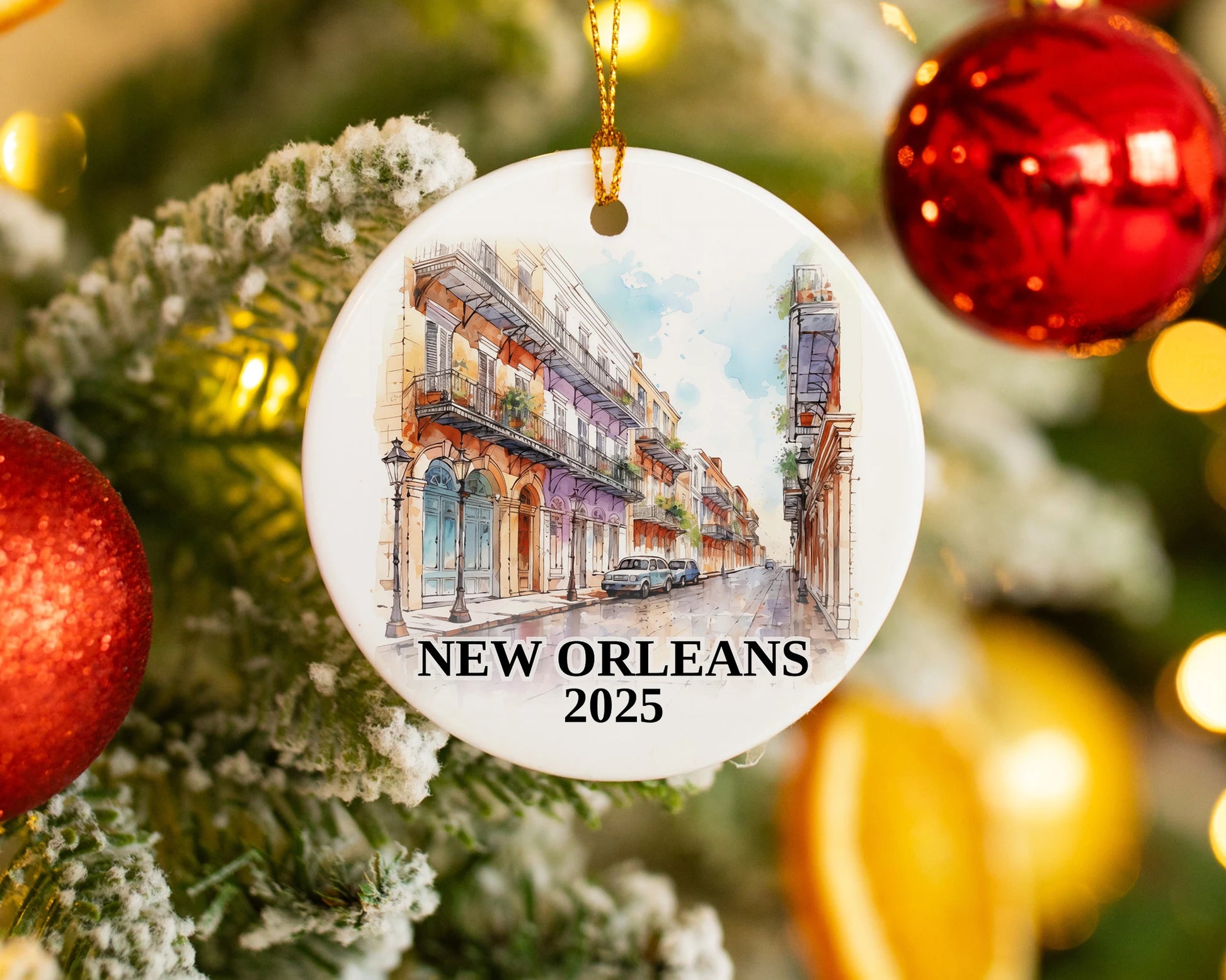 Custom New Orleans ceramic photo ornament with personalized message – handmade Christmas bauble, gift souvenir, or vacation keepsake.  
