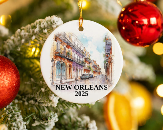 Custom New Orleans ceramic photo ornament with personalized message – handmade Christmas bauble, gift souvenir, or vacation keepsake.  