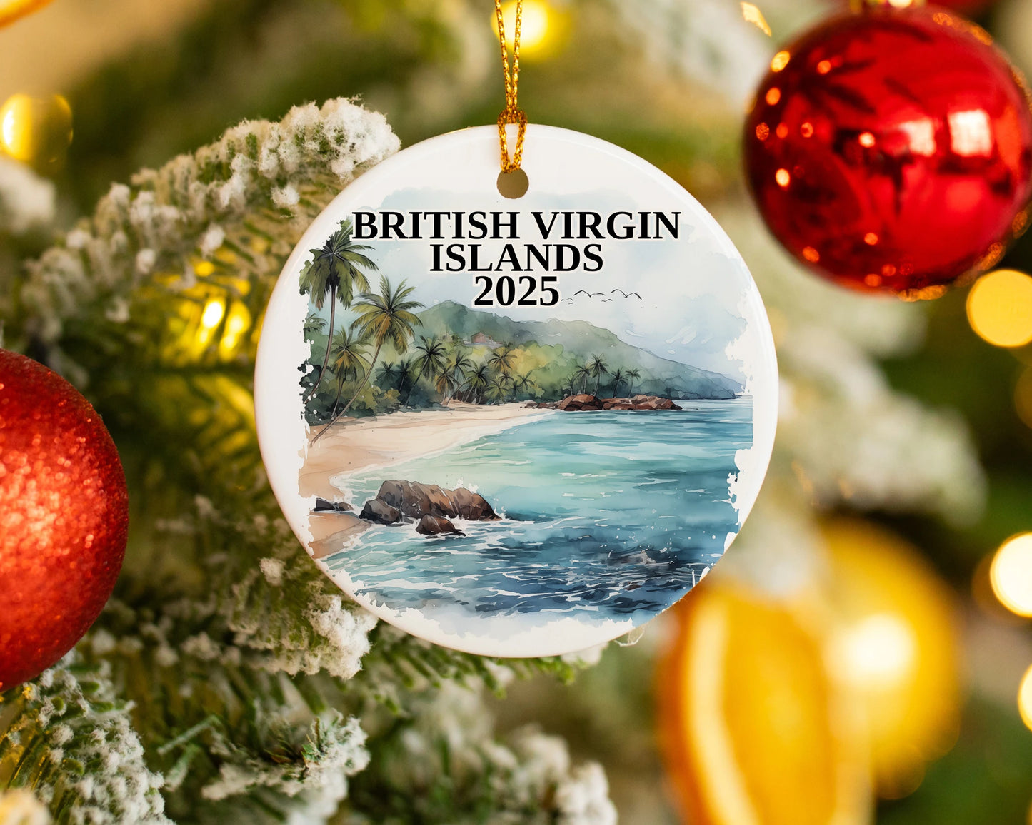 Custom British Virgin Islands ceramic photo ornament with personalized message – handmade Christmas bauble, gift souvenir, or vacation keepsake.