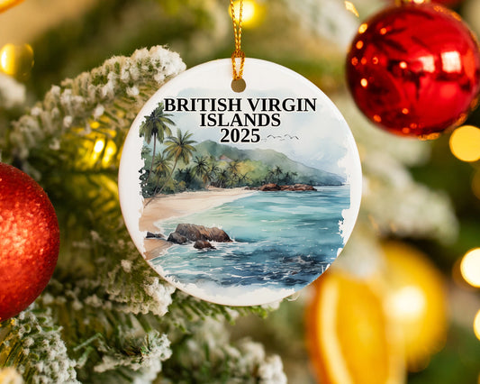 Custom British Virgin Islands ceramic photo ornament with personalized message – handmade Christmas bauble, gift souvenir, or vacation keepsake.