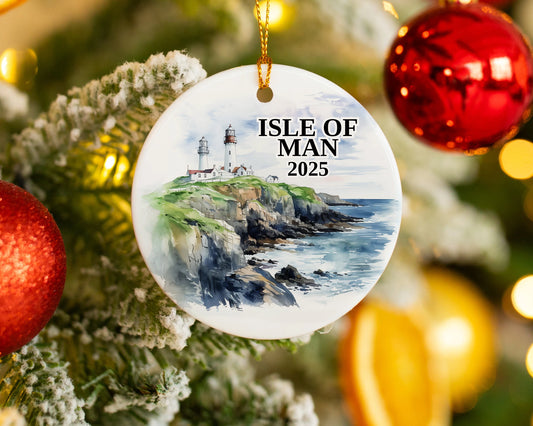 Custom Isle of Man ceramic photo ornament with personalized message – handmade Christmas bauble, gift souvenir, or vacation keepsake.  