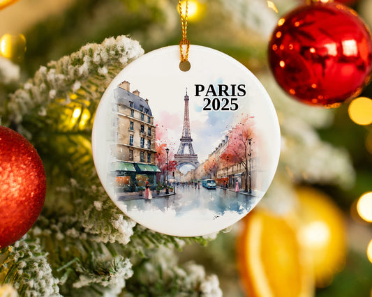 Custom Paris France ceramic photo ornament with personalized message – handmade Christmas bauble, gift souvenir, or vacation keepsake.  