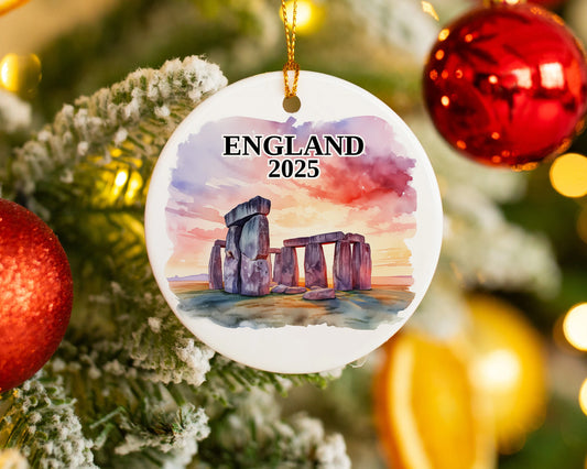 Custom Stonehenge England ceramic photo ornament with personalized message – handmade Christmas bauble, gift souvenir, or vacation keepsake.  