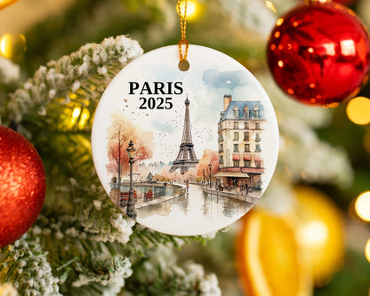 Custom Paris France ceramic photo ornament with personalized message – handmade Christmas bauble, gift souvenir, or vacation keepsake.  