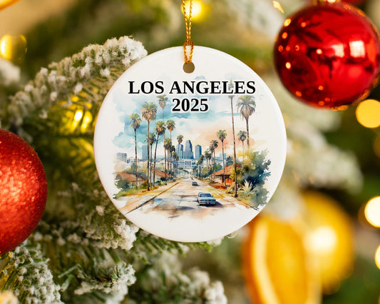 Custom Los Angeles California ceramic photo ornament with personalized message – handmade Christmas bauble, gift souvenir, or vacation keepsake.  