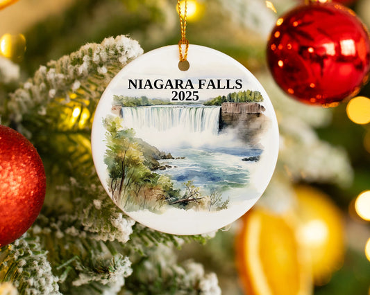 Custom Niagara Falls ceramic photo ornament with personalized message – handmade Christmas bauble, gift souvenir, or vacation keepsake.  