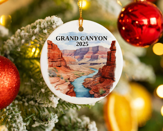 Custom Grand Canyon ceramic photo ornament with personalized message – handmade Christmas bauble, gift souvenir, or vacation keepsake.  