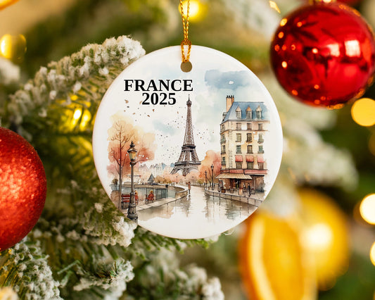 Custom France, Paris in Autumn ceramic photo ornament with personalized message – handmade Christmas bauble, gift souvenir, or vacation keepsake.  