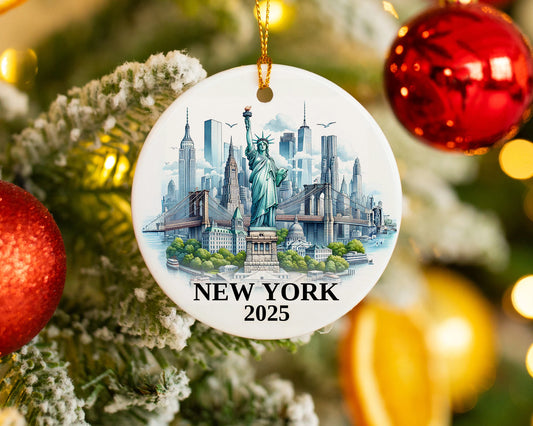Custom New York Statue of Liberty ceramic photo ornament with personalized message – handmade Christmas bauble, gift souvenir, or vacation keepsake.  