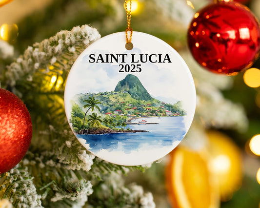 Custom Saint Lucia ceramic photo ornament with personalized message – handmade Christmas bauble, gift souvenir, or vacation keepsake. 