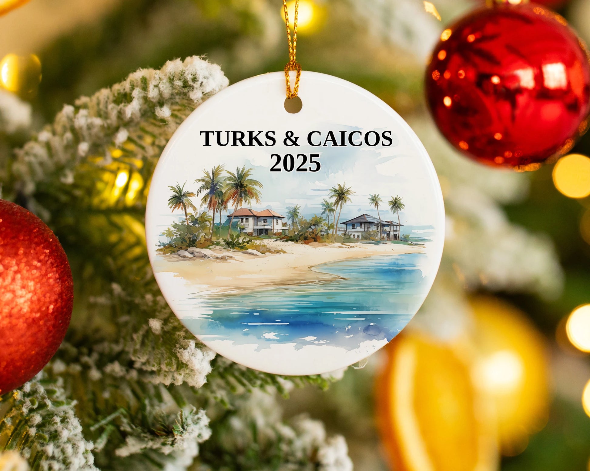 Custom Turks and Caicos ceramic photo ornament with personalized message – handmade Christmas bauble, gift souvenir, or vacation keepsake. 