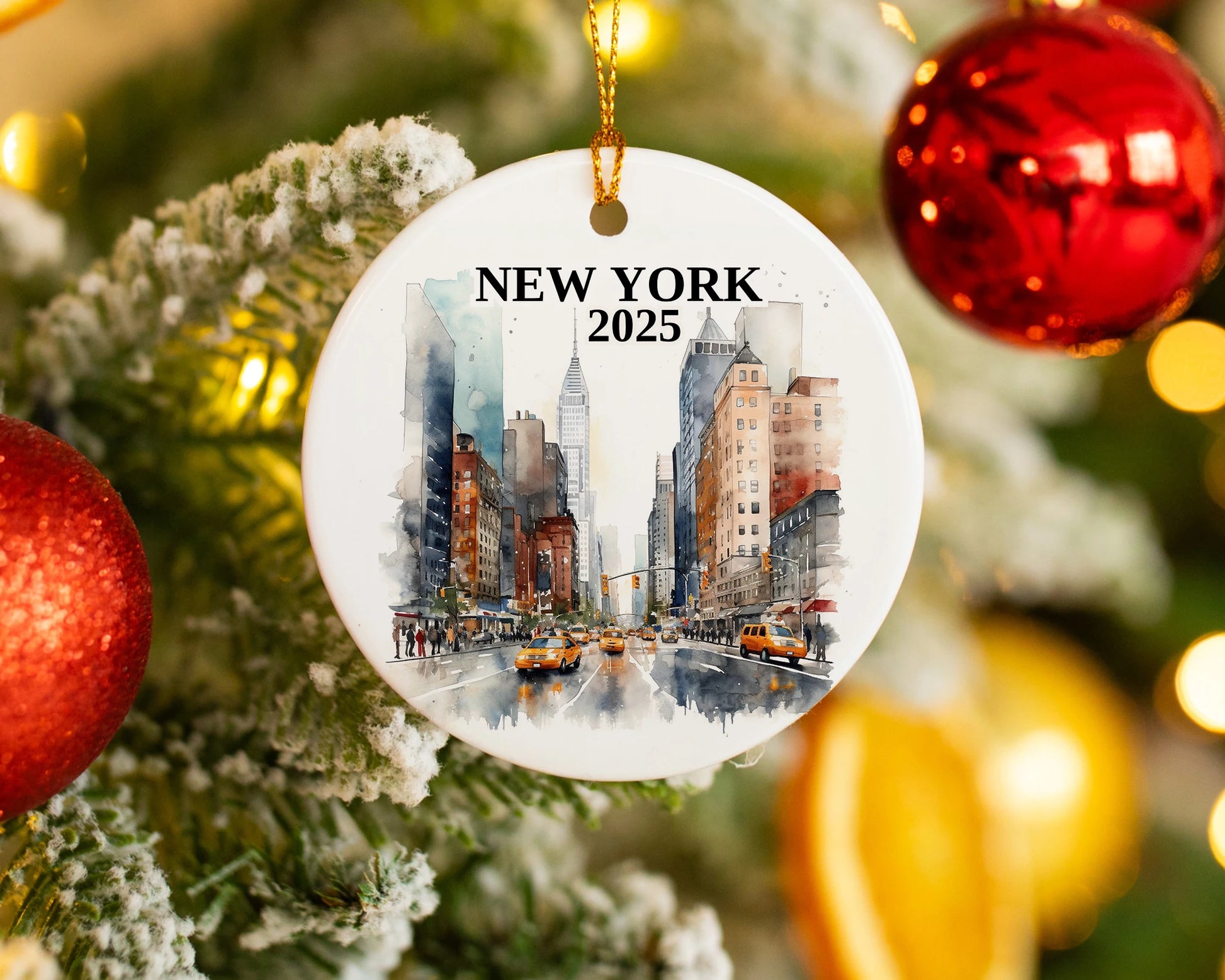 Custom New York City ceramic photo ornament with personalized message – handmade Christmas bauble, gift souvenir, or vacation keepsake.  
