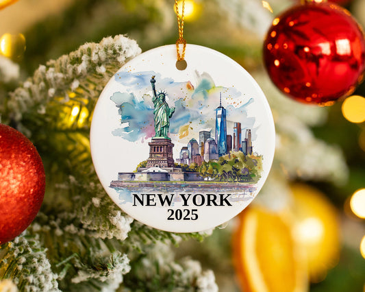 Custom New York Statue of Liberty ceramic photo ornament with personalized message – handmade Christmas bauble, gift souvenir, or vacation keepsake.  