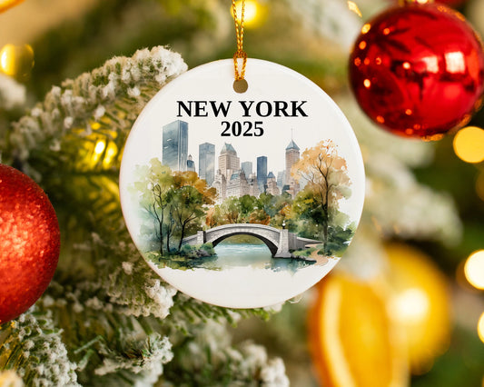 Custom New York Central Park ceramic photo ornament with personalized message – handmade Christmas bauble, gift souvenir, or vacation keepsake.  