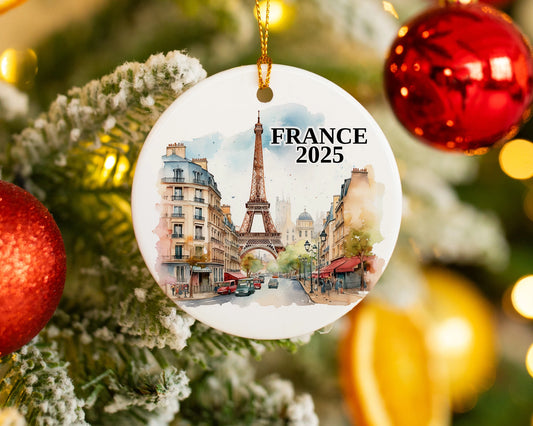 Custom France, Paris in Summer, ceramic photo ornament with personalized message – handmade Christmas bauble, gift souvenir, or vacation keepsake.  