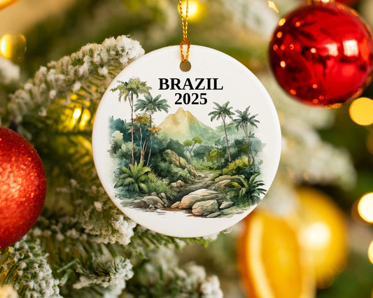 Custom Brazil ceramic photo ornament with personalized message – handmade Christmas bauble, gift souvenir, or vacation keepsake.