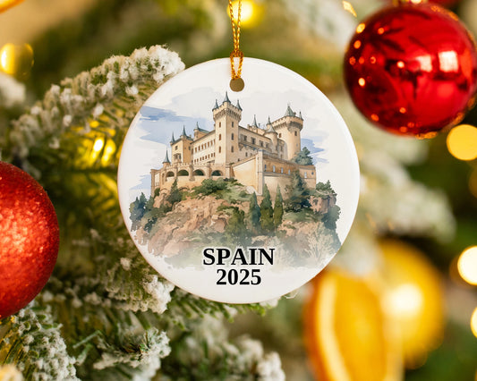 Custom Spain ceramic photo ornament with personalized message – handmade Christmas bauble, gift souvenir, or vacation keepsake. 