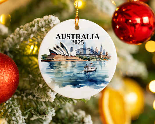 Custom Sydney, Australia ceramic photo ornament with personalized message – handmade Christmas bauble, gift souvenir, or vacation keepsake.