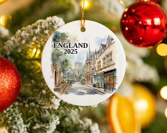Custom England Oxford ceramic photo ornament with personalized message – handmade Christmas bauble, gift souvenir, or vacation keepsake.  