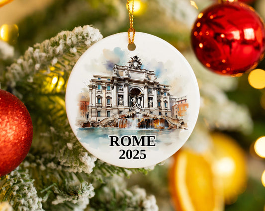Custom Rome Trevi Fountain ceramic photo ornament with personalized message – handmade Christmas bauble, gift souvenir, or vacation keepsake. 