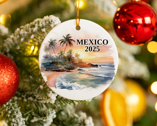 Custom Mexico ceramic photo ornament with personalized message – handmade Christmas bauble, gift souvenir, or vacation keepsake.  