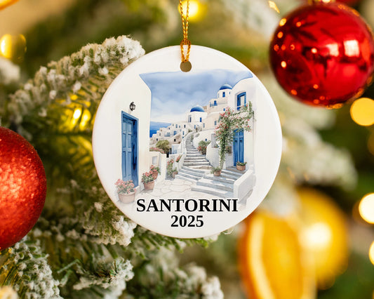 Custom Santorini Greece ceramic photo ornament with personalized message – handmade Christmas bauble, gift souvenir, or vacation keepsake. 