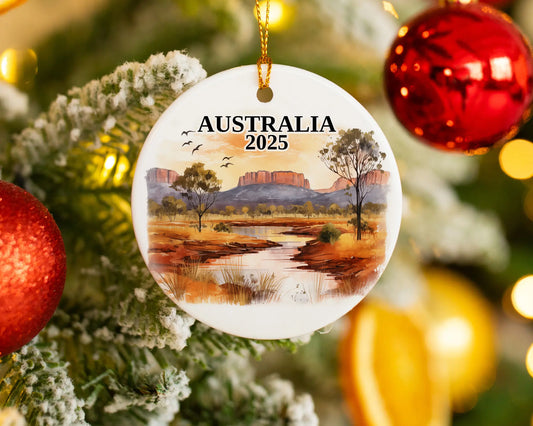 Custom Australia ceramic photo ornament with personalized message – handmade Christmas bauble, gift souvenir, or vacation keepsake.
