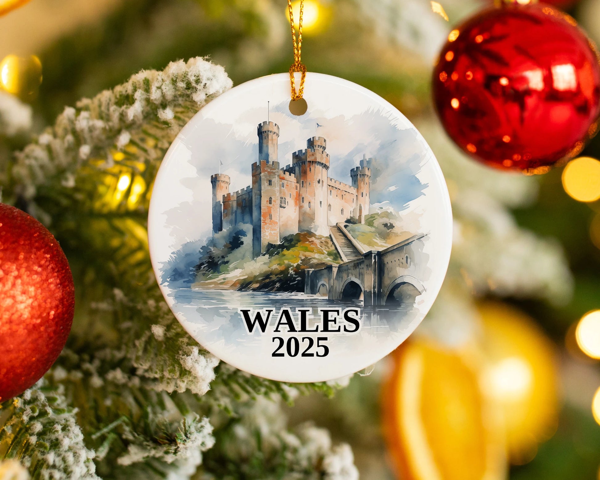 Custom Wales Cymru ceramic photo ornament with personalized message – handmade Christmas bauble, gift souvenir, or vacation keepsake. 