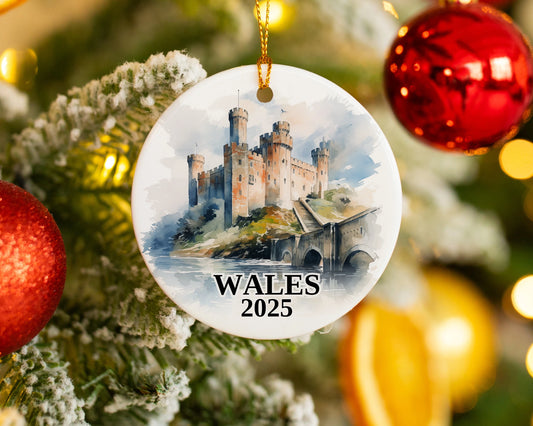 Custom Wales Cymru ceramic photo ornament with personalized message – handmade Christmas bauble, gift souvenir, or vacation keepsake. 