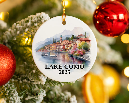 Custom Lake Como Italy ceramic photo ornament with personalized message – handmade Christmas bauble, gift souvenir, or vacation keepsake.  