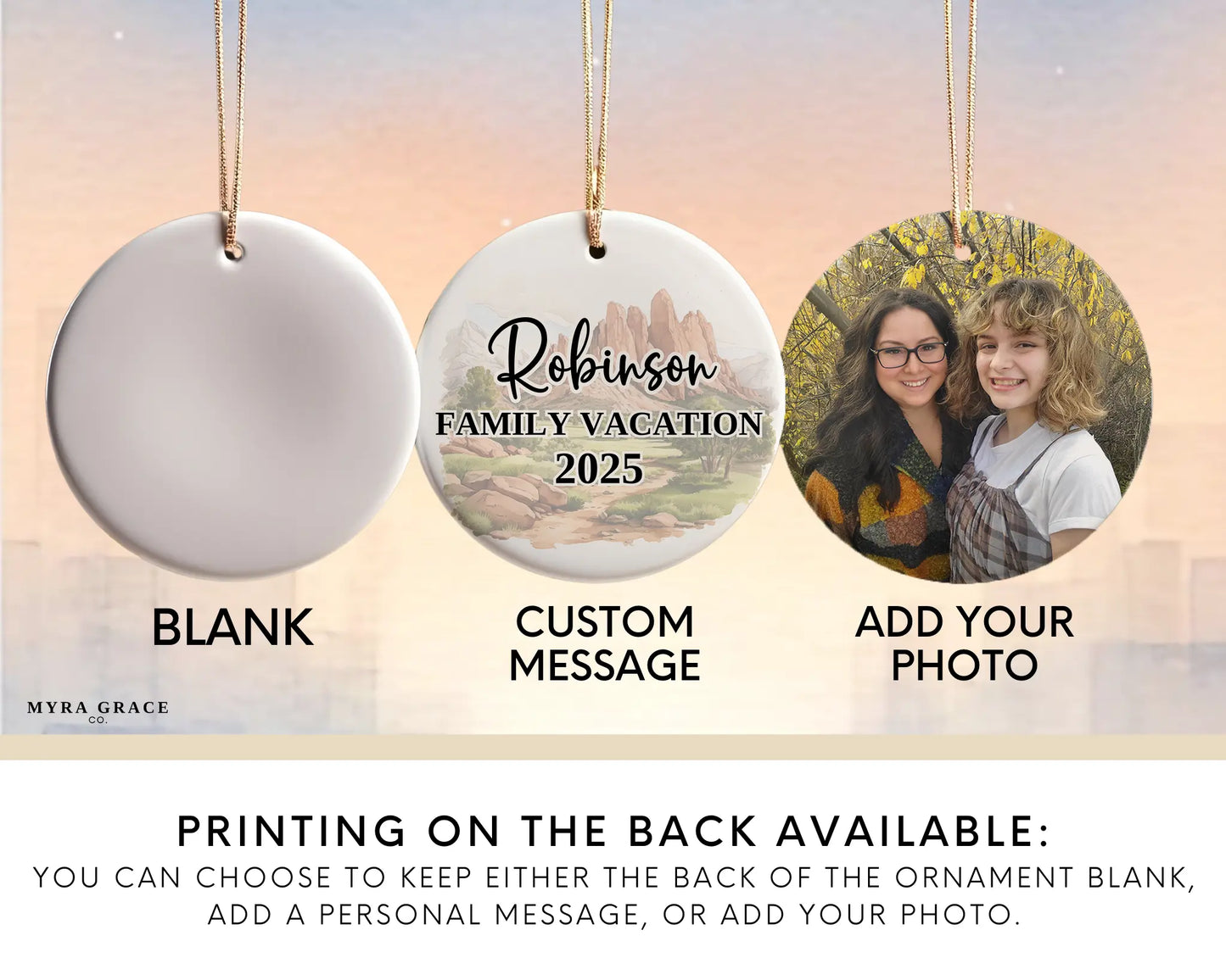 Custom Garden of the Gods Colorado Springs ceramic photo ornament with personalized message – handmade Christmas bauble, gift souvenir, or vacation keepsake.  add your photos