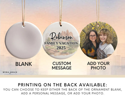 Custom Garden of the Gods Colorado Springs ceramic photo ornament with personalized message – handmade Christmas bauble, gift souvenir, or vacation keepsake.  add your photos