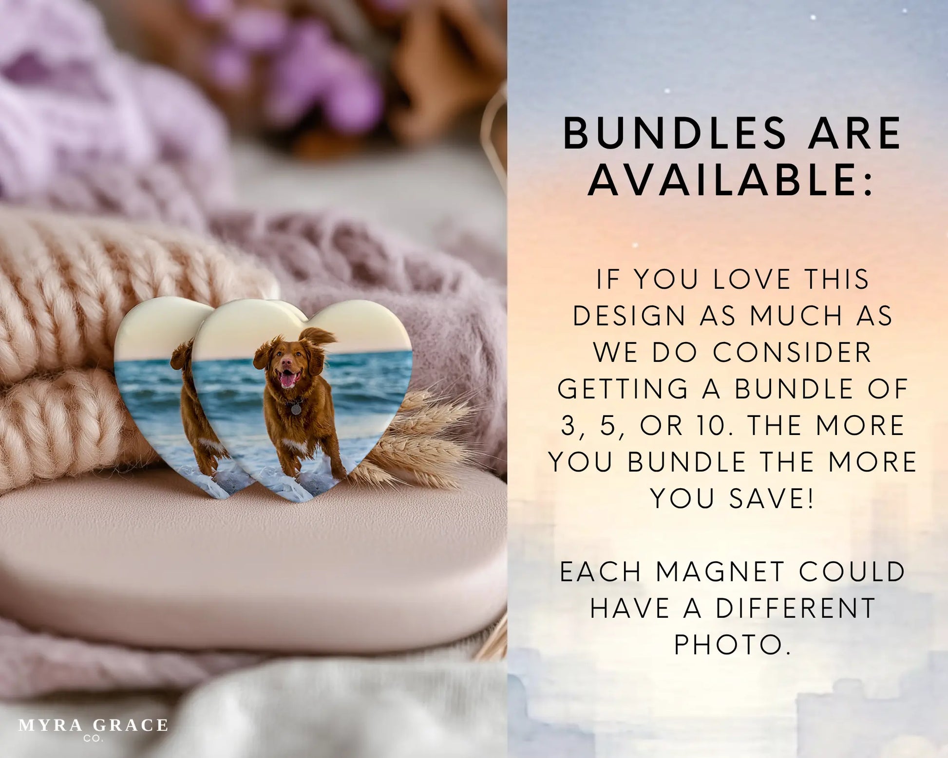 Heart-shaped custom dog ceramic photo magnet on fridge – handmade personalized gift or Christmas fridge magnet. Bundles are available