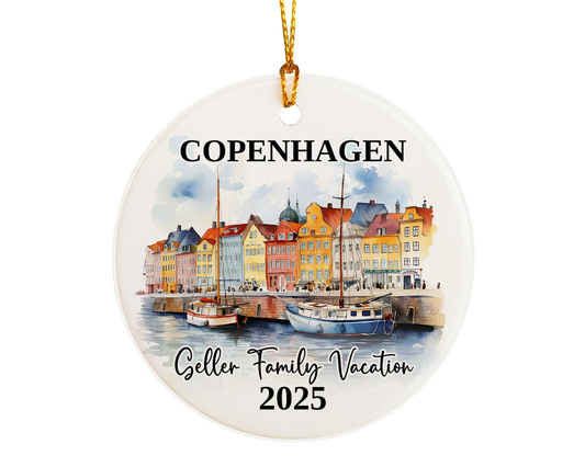 Custom vacation Copenhagen Denmark ceramic photo ornament with personalized message – handmade Christmas bauble, gift souvenir, or vacation keepsake. 