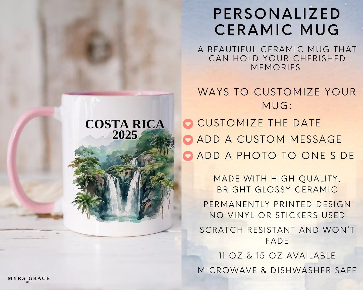 Custom ceramic Costa Rica vacation mug with watercolor location design, date, and personal photo – personalized travel gift or photo mug. Infographic