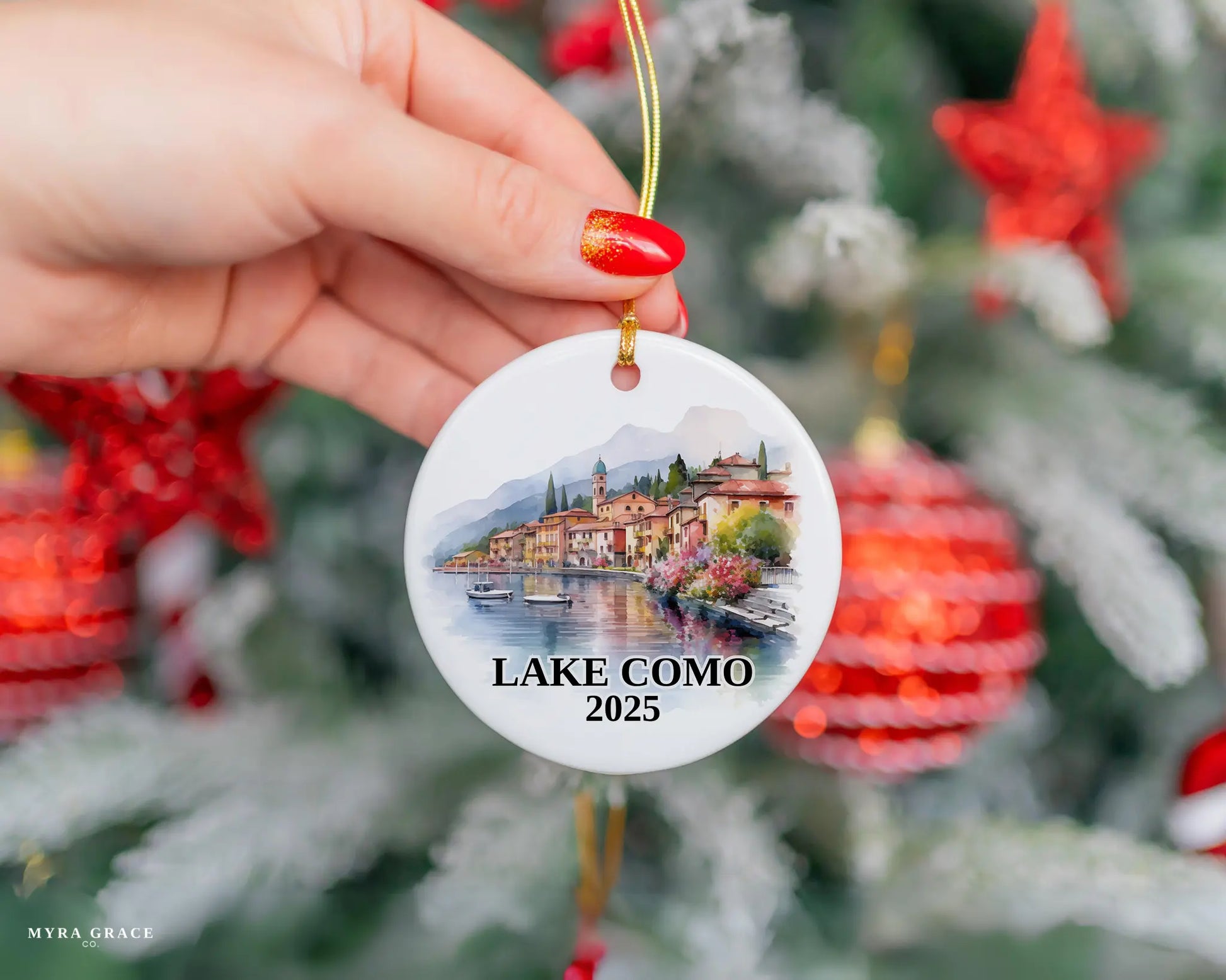 Custom Lake Como Italy ceramic photo ornament with personalized message – handmade Christmas bauble, gift souvenir, or vacation keepsake.  