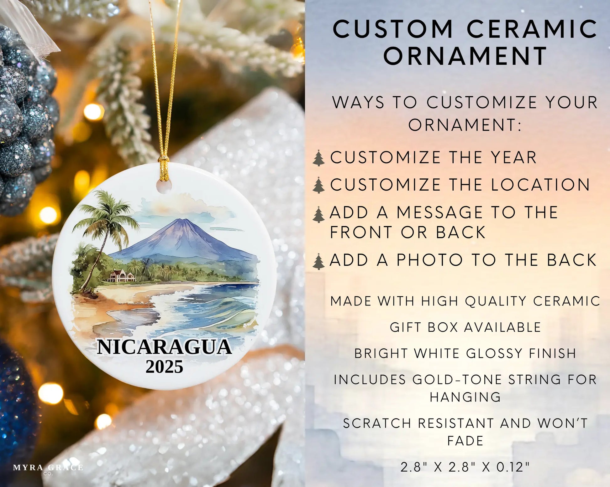 Custom Nicaragua ceramic photo ornament with personalized message – handmade Christmas bauble, gift souvenir, or vacation keepsake. Infographic