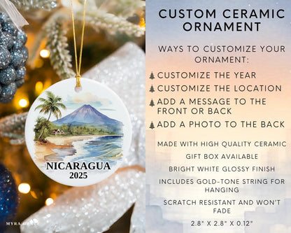 Custom Nicaragua ceramic photo ornament with personalized message – handmade Christmas bauble, gift souvenir, or vacation keepsake. Infographic