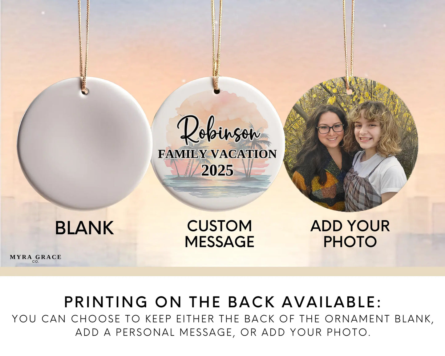 Custom Hawaii ceramic photo ornament with personalized message – handmade Christmas bauble, gift souvenir, or vacation keepsake.  Add your photo