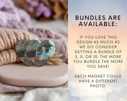 Heart-shaped custom engagement ceramic photo magnet on fridge – handmade personalized gift or Christmas fridge magnet. Bundles are available