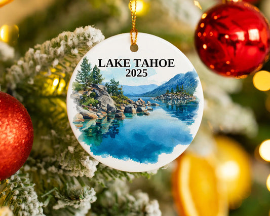Custom Lake Tahoe California Nevada ceramic photo ornament with personalized message – handmade Christmas bauble, gift souvenir, or vacation keepsake.  