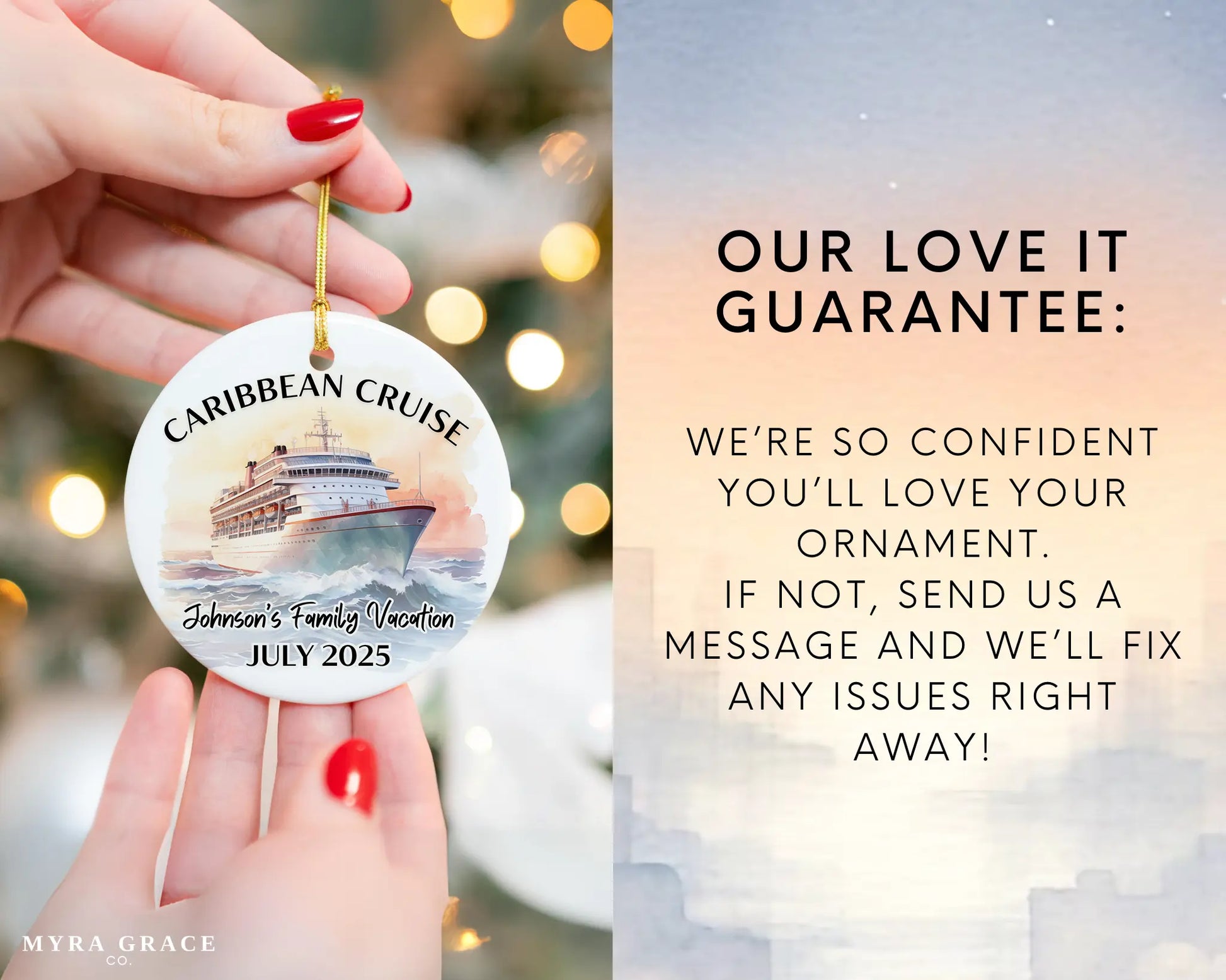Handmade ceramic Caribbean cruise ornament with personalized location and photo – custom Christmas bauble or cruise vacation souvenir. Love it guarantee