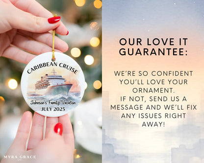 Handmade ceramic Caribbean cruise ornament with personalized location and photo – custom Christmas bauble or cruise vacation souvenir. Love it guarantee