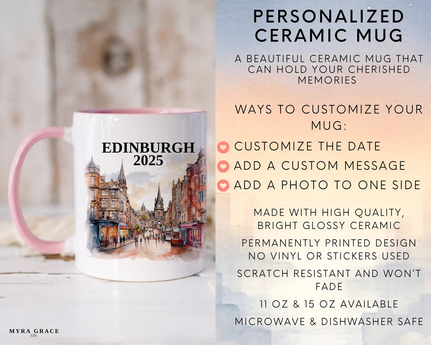Custom ceramic Edinburgh Scotland vacation mug with watercolor location design, date, and personal photo – personalized travel gift or photo mug. Infographic