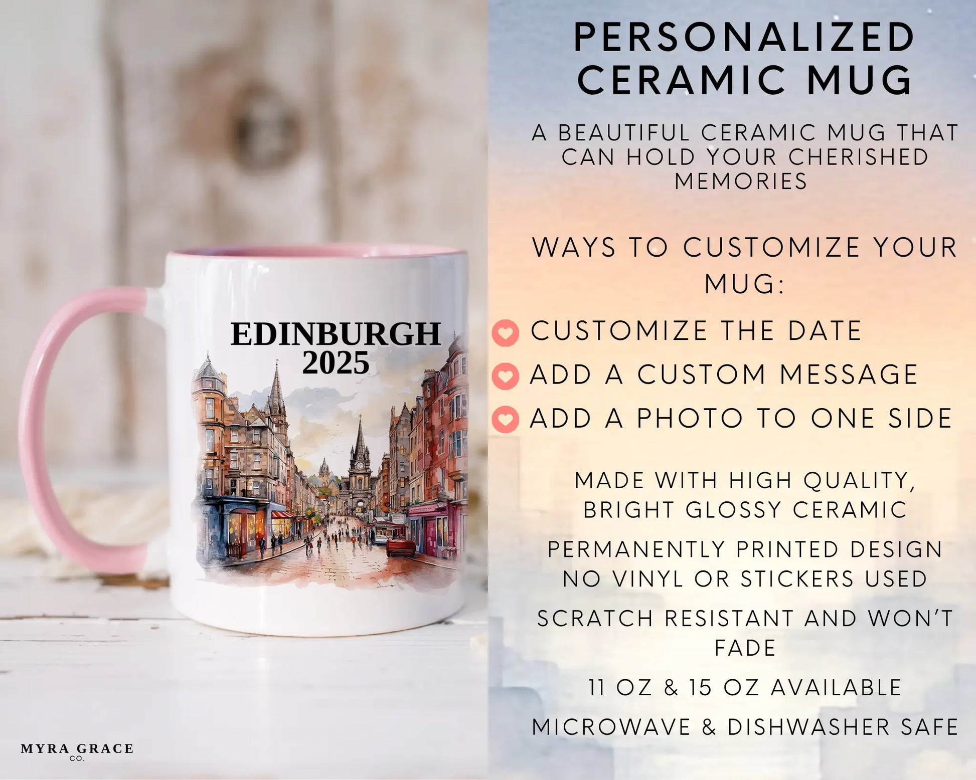 Custom ceramic Edinburgh Scotland vacation mug with watercolor location design, date, and personal photo – personalized travel gift or photo mug. Infographic
