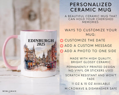 Custom ceramic Edinburgh Scotland vacation mug with watercolor location design, date, and personal photo – personalized travel gift or photo mug. Infographic