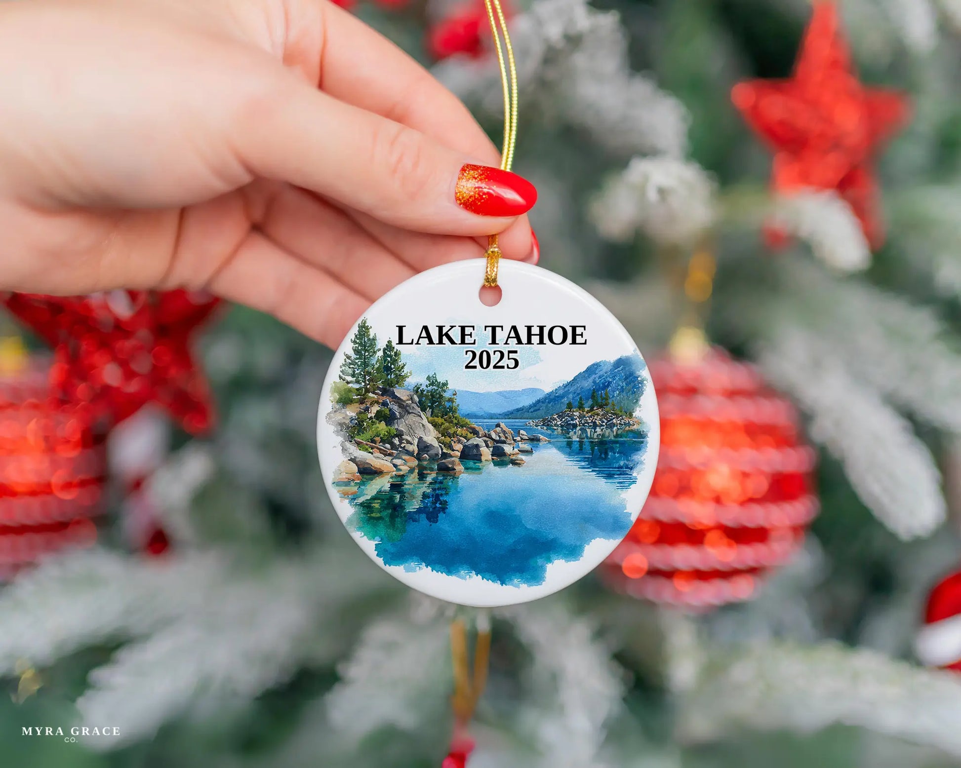 Custom Lake Tahoe California Nevada ceramic photo ornament with personalized message – handmade Christmas bauble, gift souvenir, or vacation keepsake.  