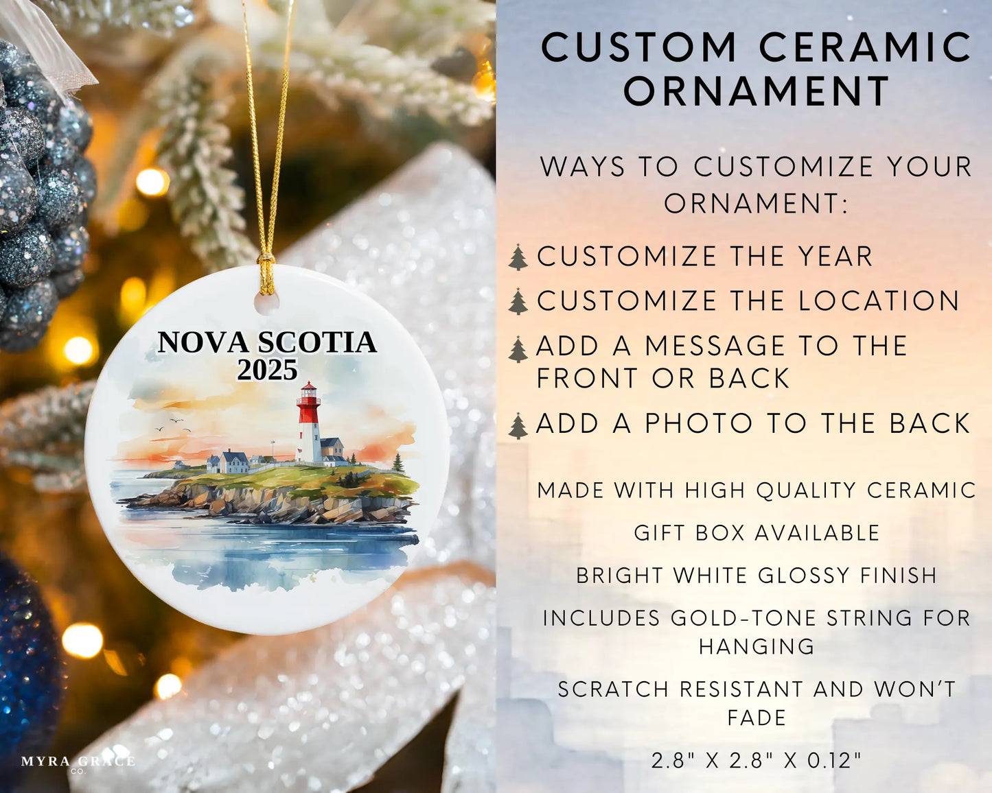 Custom Nova Scotia ceramic photo ornament with personalized message – handmade Christmas bauble, gift souvenir, or vacation keepsake. Infographic