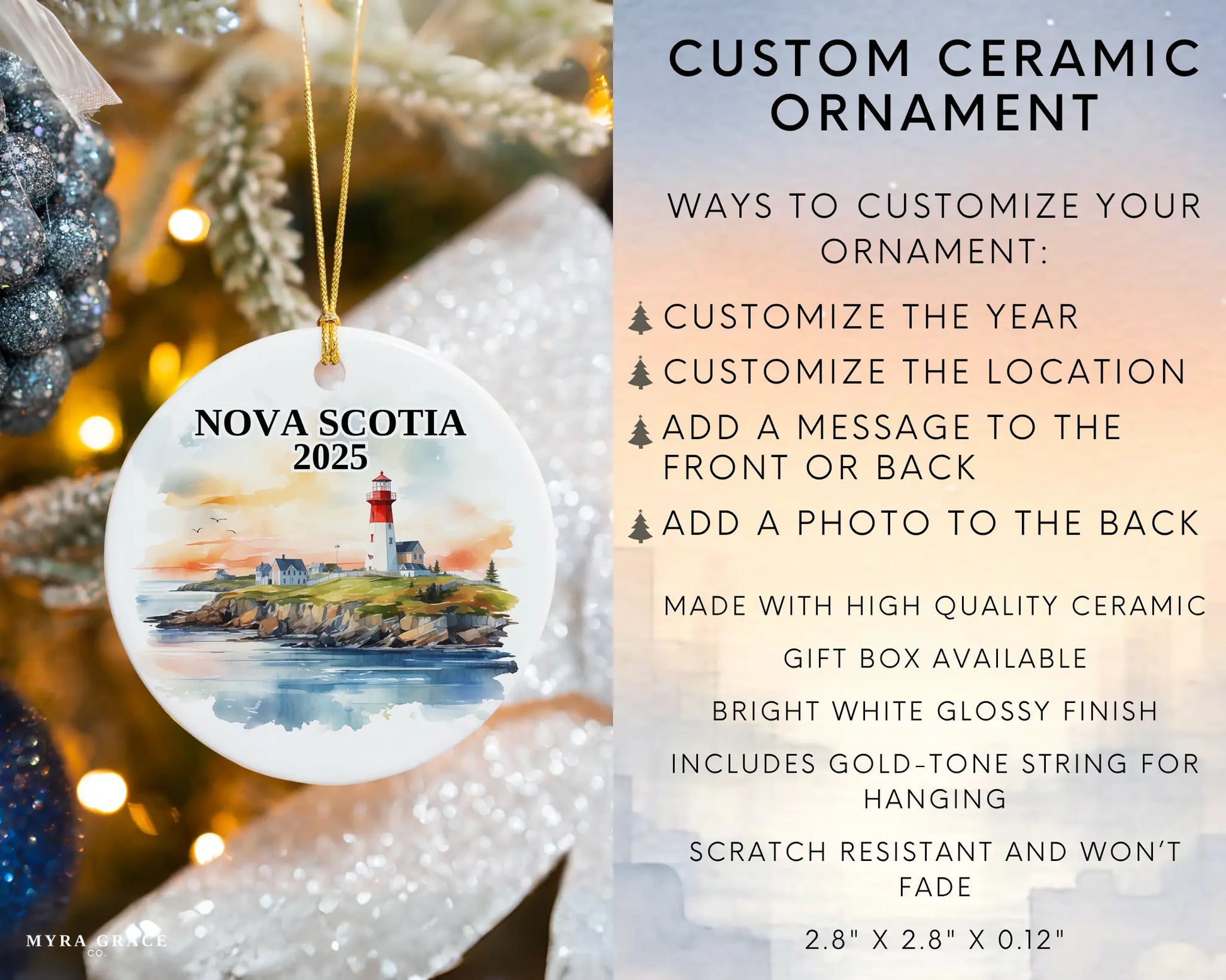 Custom Nova Scotia ceramic photo ornament with personalized message – handmade Christmas bauble, gift souvenir, or vacation keepsake. Infographic