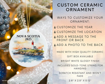 Custom Nova Scotia ceramic photo ornament with personalized message – handmade Christmas bauble, gift souvenir, or vacation keepsake. Infographic